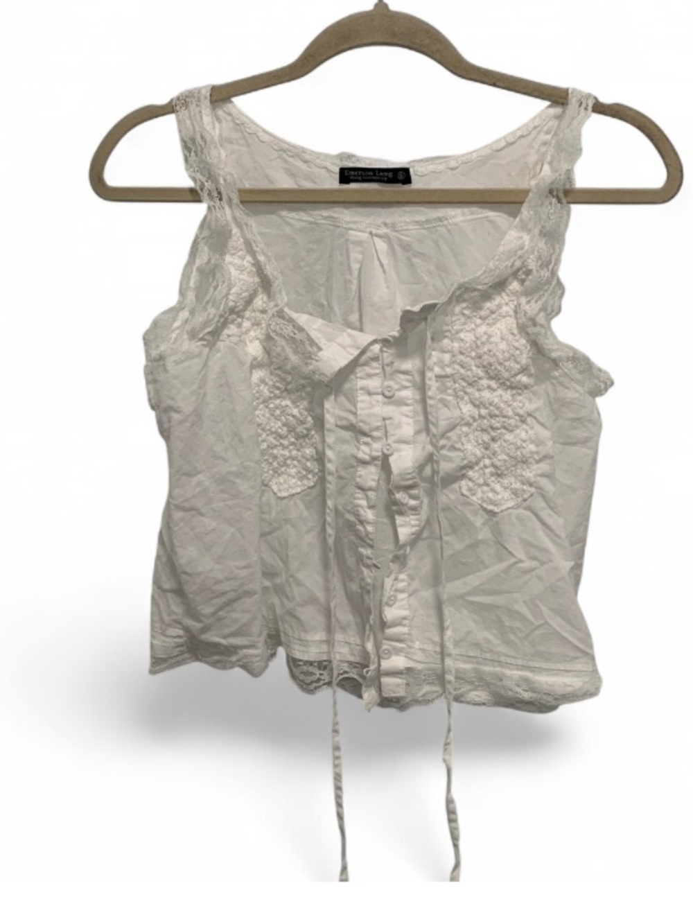 Emerson Lang White Lace-Trim Button Front Tie Neck Boho Peasant Tank Top